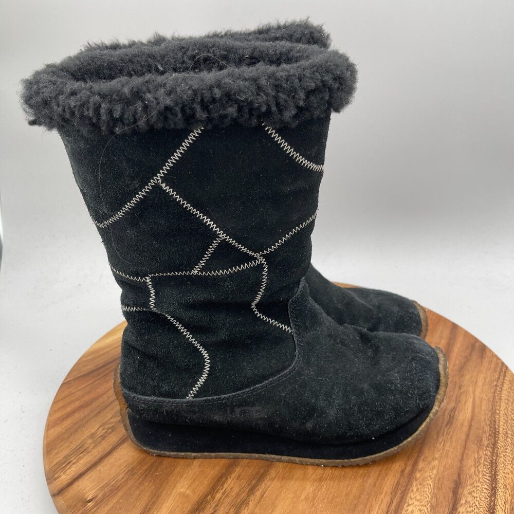 UGG Boots Womens Size 9 Black Suede Fur Lined Geometric Stitch Tall Warm Winter